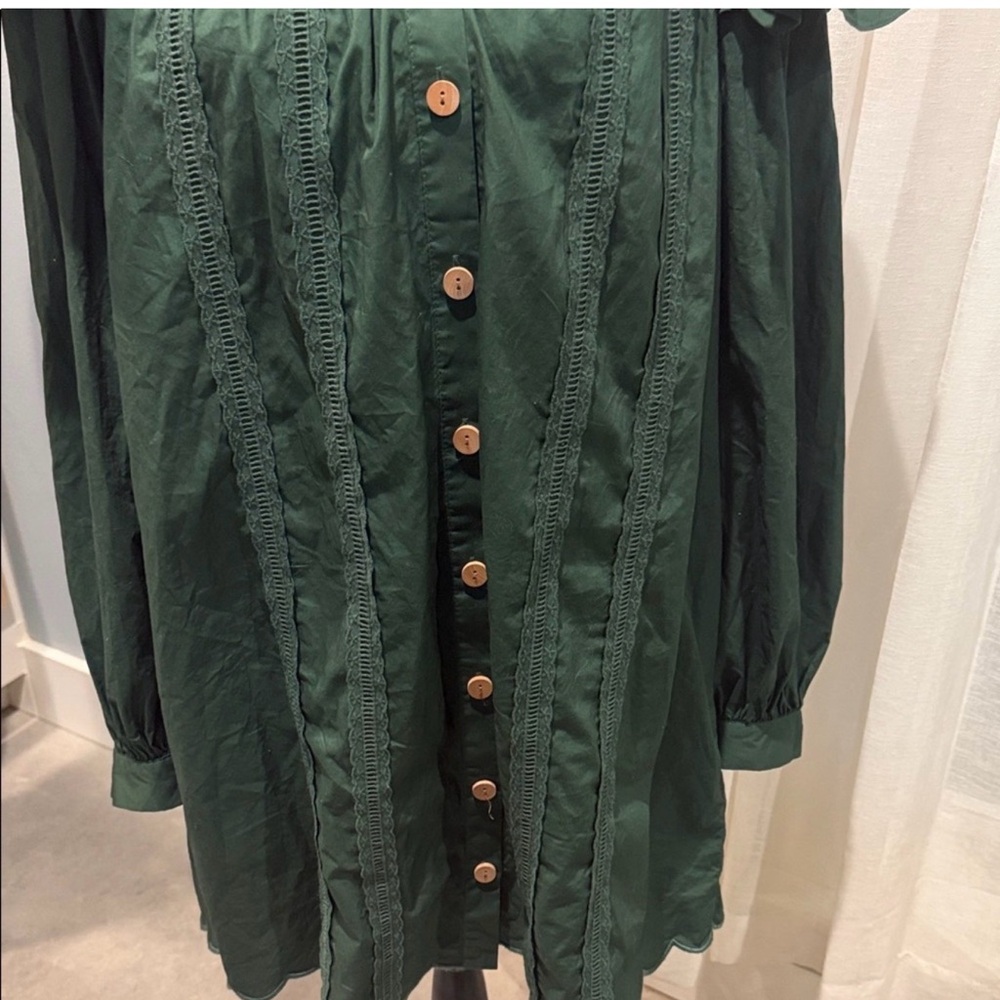 FARM Rio Deep Green Long Puffer Sleeve Wood Button Down Flowy Embroidered Dress - Picture 7 of 12